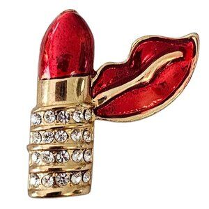 Gold Tone Clear Rhinestone Red Enamel Lipstick Lips Pin Brooch L185